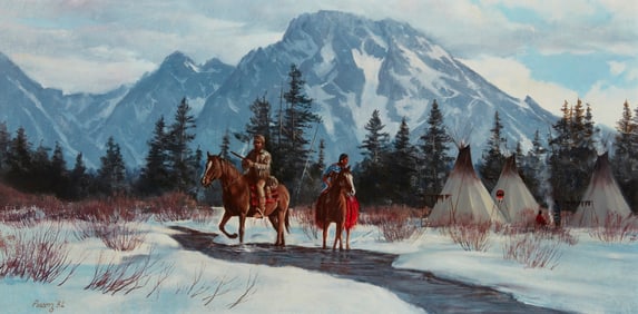 Del Parson (b. 1948), Figures on horseback in a snowy landscape, 1982, Oil on Masonite, 12" H x 24"