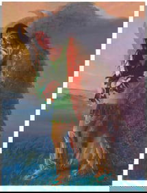 Donald "Putt" Putman (1926-2007), Native and the buffalo, Oil on canvas, 40" H x 30" W