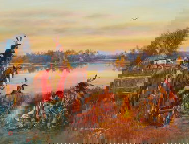 Hubert Wackermann (b. 1945), "Dakota Sioux Campfire," Oil on canvas, 18" H x 24" W