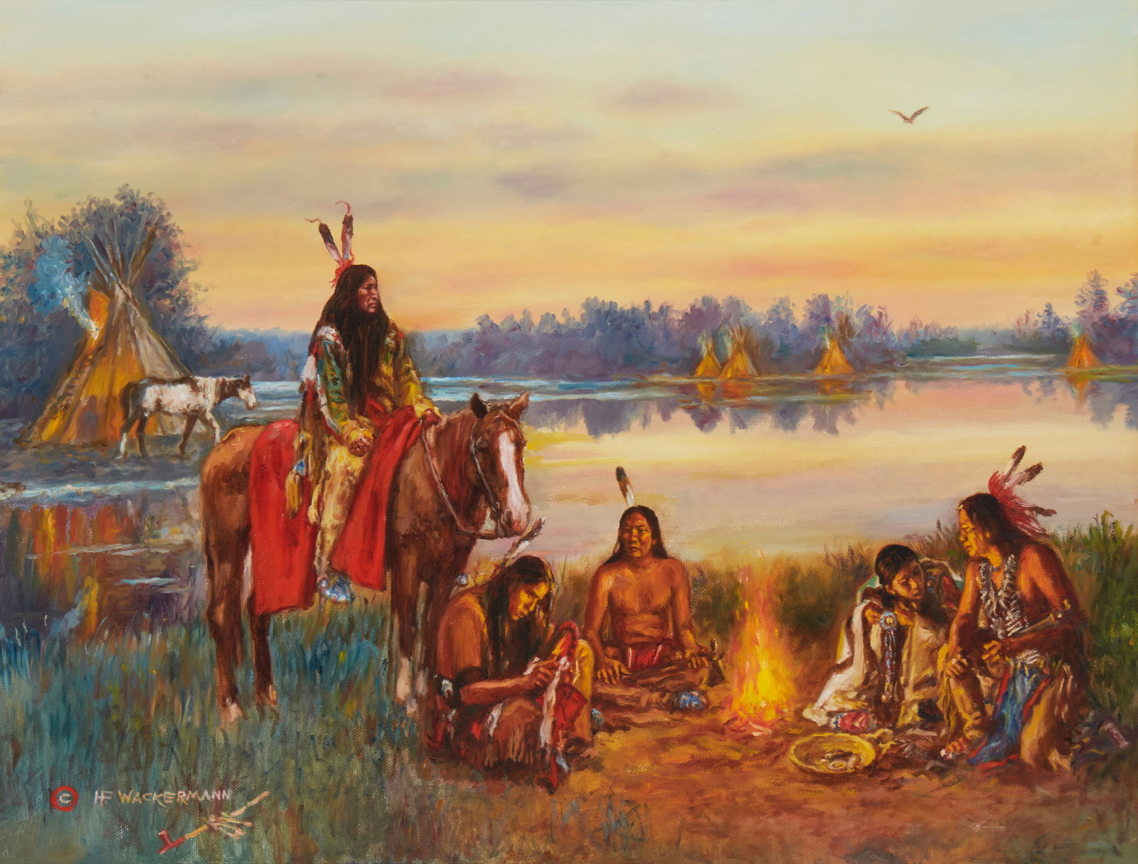 Hubert Wackermann (b. 1945), "Dakota Sioux Campfire," Oil on canvas, 18" H x 24" W (1 of 7)
