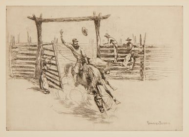 Edward Borein (1872-1945), "Out of the Gate," Etching and drypoint on wove paper, Plate: 5" H x 7" W