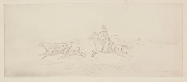 Edward Borein (1872-1945), "Her Calf," Etching and drypoint on paper, Plate: 4.125" H x 9.75" W;