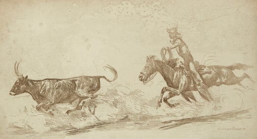 After Edward Borein (1872-1945), "Chasing a Steer," Etching and aquatint on paper, Plate: 5.875" H x
