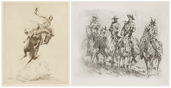 After Edward Borein (1872-1945), Two works: High-bucking horse and rider, Etching on wove paper,