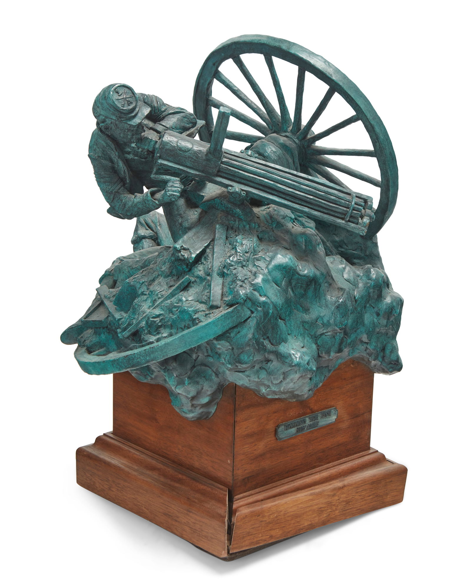 David Scott Rogers (b. 1961), "The Iron Mistress," 1994: David Scott Rogers(b. 1961)"The Iron Mistress," 1994Verdigris bronze on raised and rotating wood plinthEdition: 9/30Signed, dated, and numbered in the casting: D.S. Rogers © '94; attributed