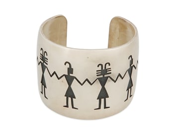 A Stephen Hyson Naseyoma Hopi pictorial cuff bracelet