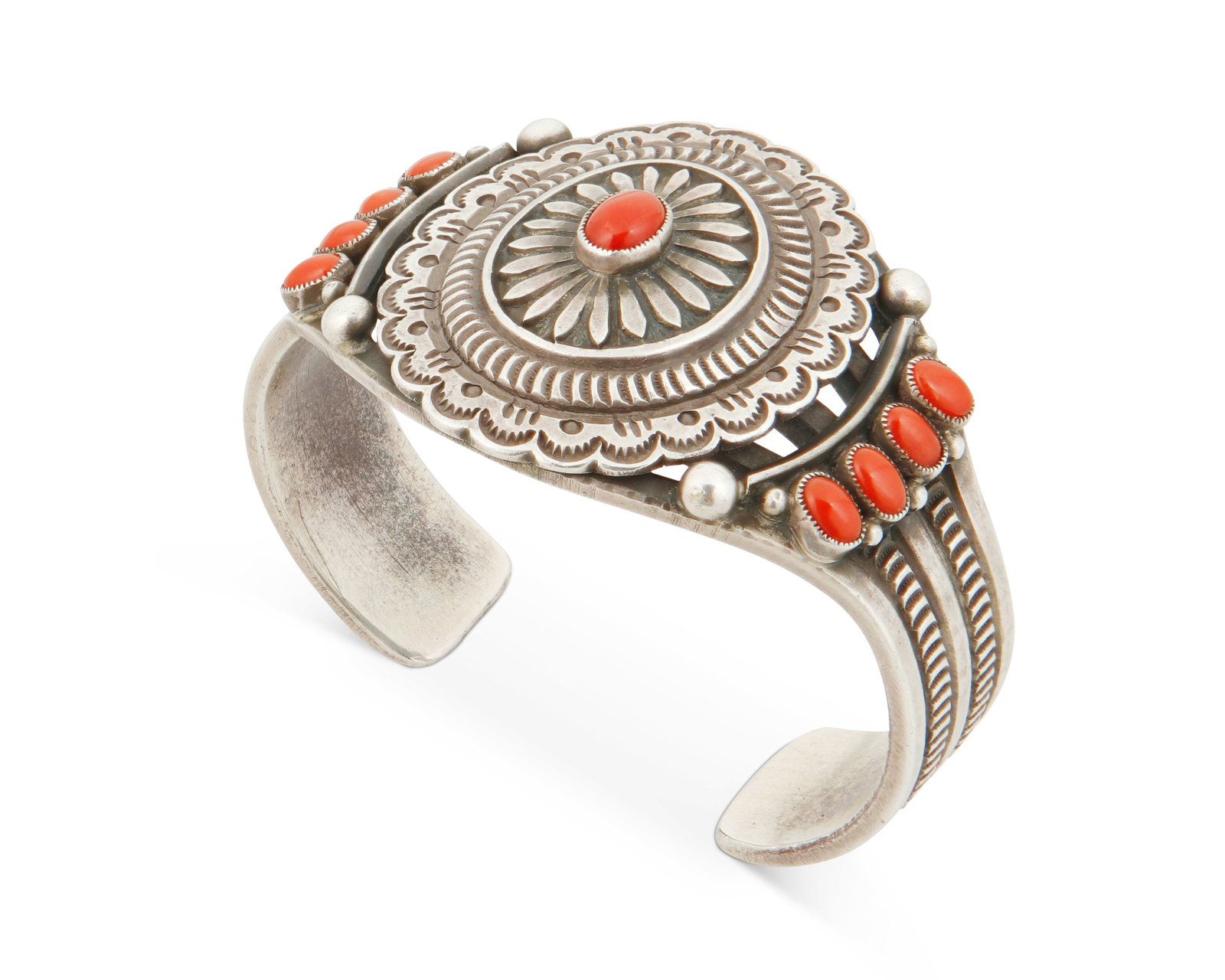 A Calvin Martinez Navajo sterling silver and coral cuff (1 of 3)