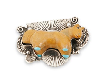 An Art Tafoya silver belt buckle with a Hayes Leekya stone horse fetish