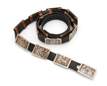 A Floyd Becenti, Jr Navajo silver overlay storyteller concho belt