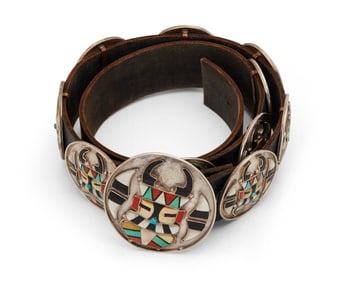 A Joe & Cornelia Bowannie Zuni katsina inlay concho belt