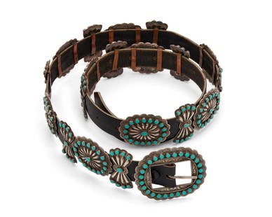 A Valentino & Matilda Banteah Zuni silver and turquoise concho belt: A Valentino & Matilda Banteah Zuni silver and turquoise concho beltValentino and Matilda Banteah (each b. 1955, Zuni Pueblo)Mid/late 20th centuryBuckle stamped verso: VMBNine sterling silver oval conc