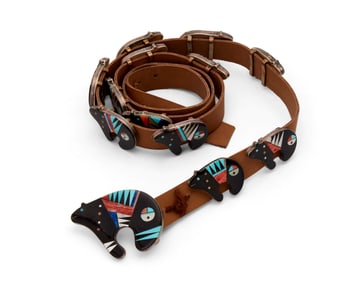 A Zuni Pueblo-style sterling silver inlay bear concho belt