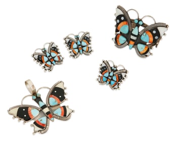 A group of Federico Jimenez inlaid stone butterfly jewelry