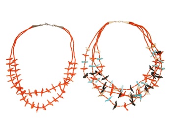 Two Zuni Pueblo coral fetish necklaces
