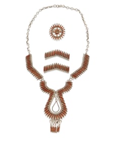 A set of Zuni petit point coral and silver jewelry