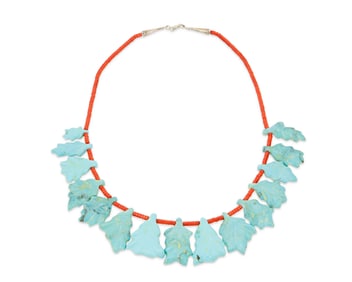 A Sara Leekya Zuni carved turquoise and coral necklace