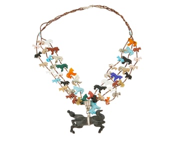 A Travis Lasiloo Zuni horse fetish pendant necklace