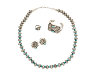 A set of Art Tafoya coin silver and turquoise jewelry