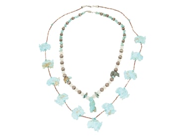 Two Zuni-style carved stone fetish necklaces