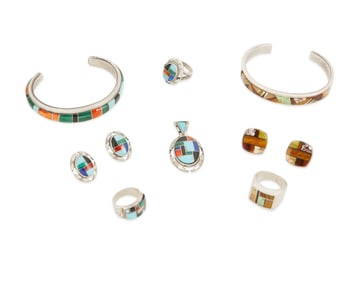 A group of Southwest sterling silver stone inlay jewelry