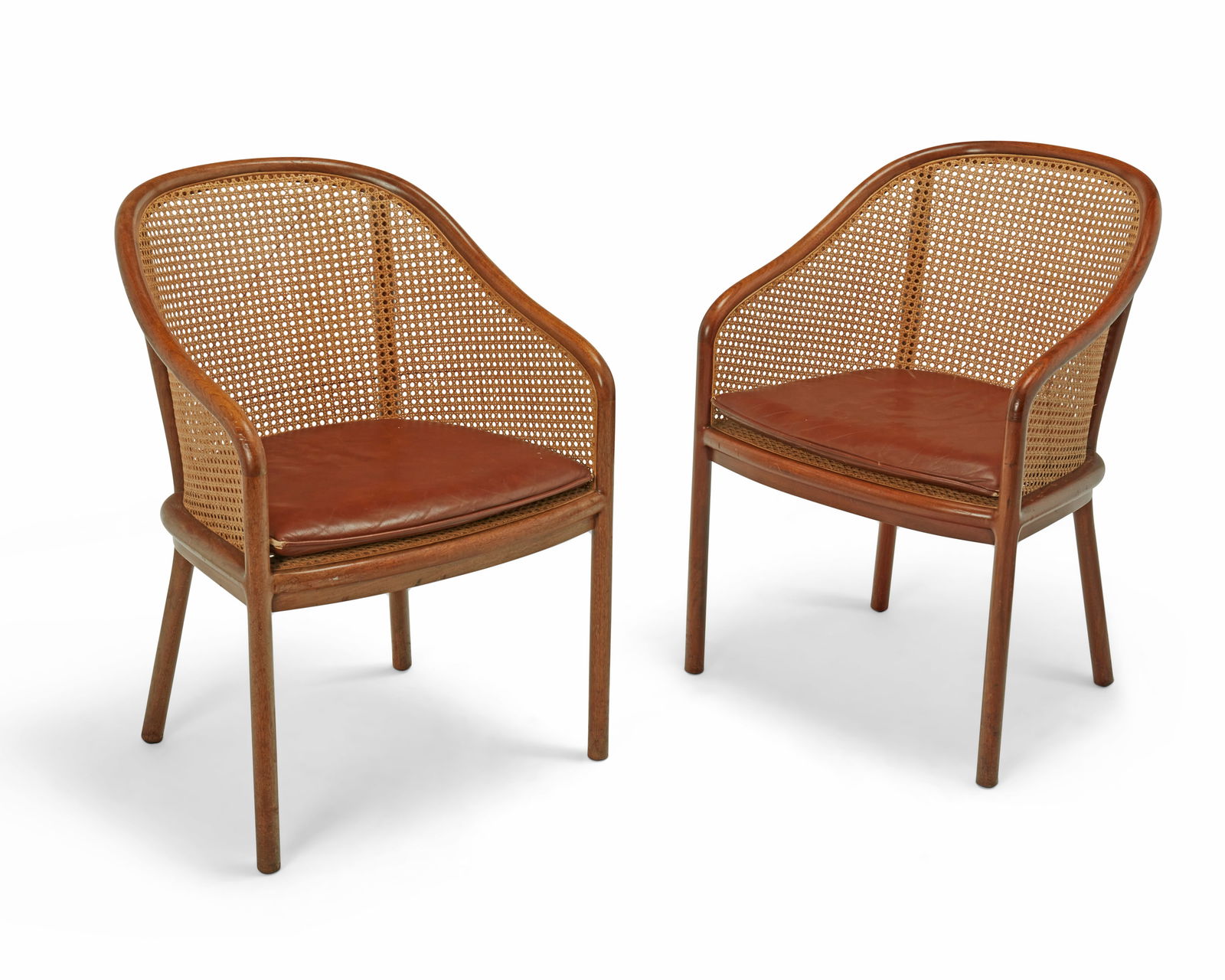 Ward Bennett (1917-2003), A pair of "Landmark" armchairs for Brickel Associates, circa 1970s: Ward Bennett (1917-2003)A pair of "Landmark" armchairs for Brickel Associates, circa 1970sDesigned 1964Each with Brickel Associates paper tag to undersideThe chairs with lacquered walnut fra