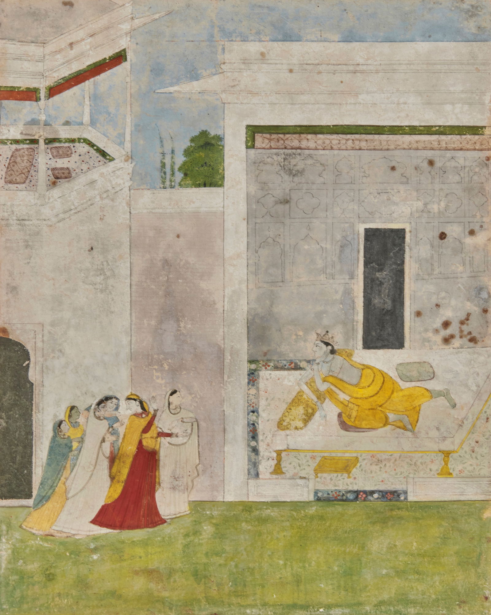 A court painting of Krishna and Radha: A court painting of Krishna and Radha20th century; IndiaPigment on paper in the style of Kangra painting; featuring Krishna in his yellow robes lying on a bed nestled into a parapet, Radha in red bein