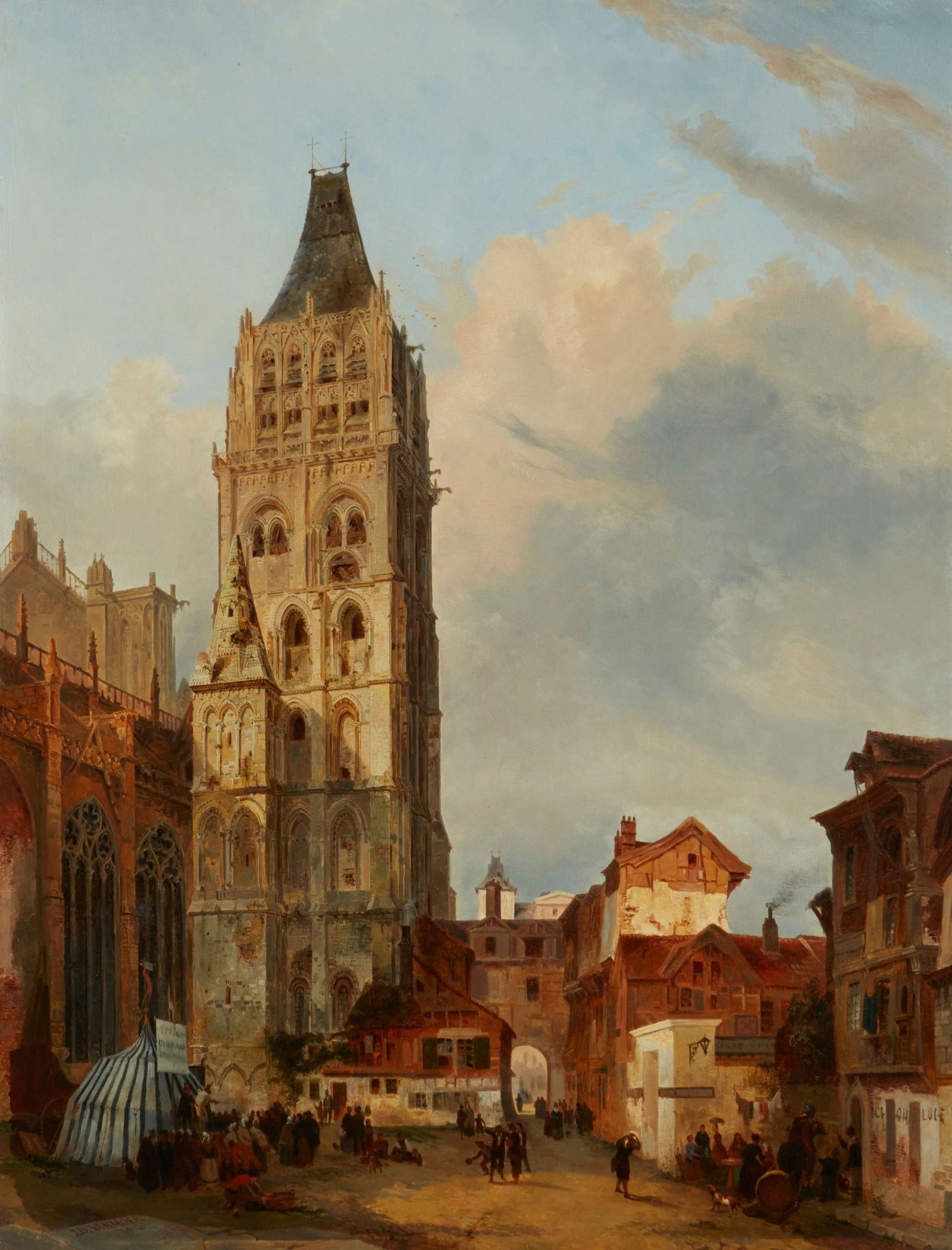 Jean Baptiste Van Moer (1819-1884), Town square with bell tower, Oil on panel, 26.25" H x 20.25" W (1 of 6)