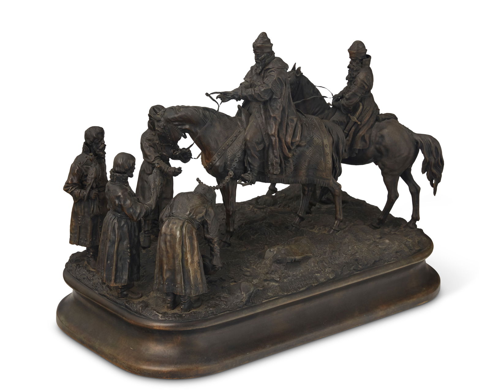 Vasily Yakovlevich Grachev (1831-1905), Tsar and his falconer: Vasily Yakovlevich Grachev(1831-1905)Tsar and his falconerPatinated bronzeSigned in Cyrillic in the casting; further marked: FABR.C.F.WOERFFEL / ST.PETERSBOURG14.125" H x 18.625" W x 11"