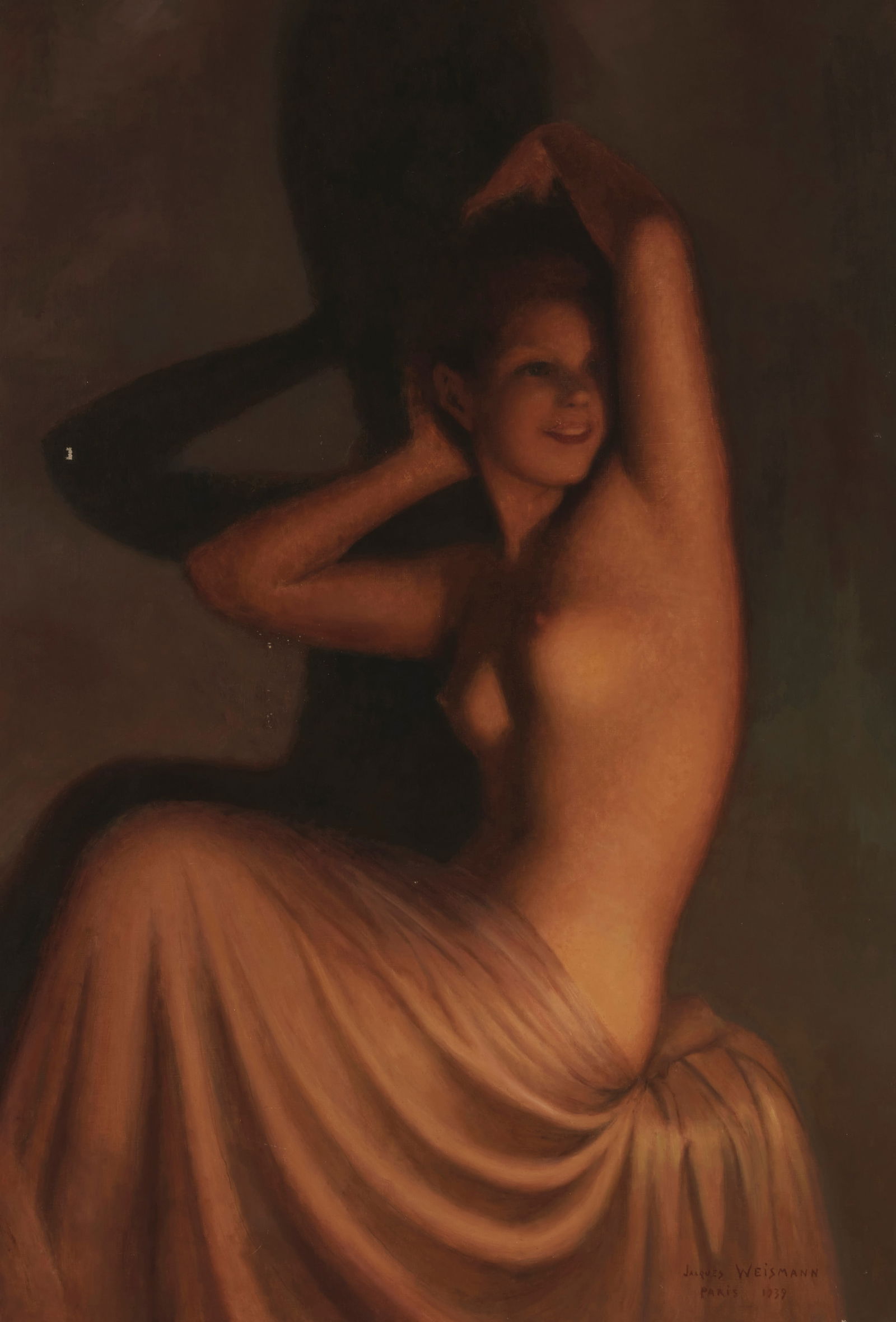Jacques Weismann (1878-1962), "Nude Youth (In Illuminated Room)," 1939, Oil on canvas, 52" H x 39" W: Jacques Weismann(1878-1962)"Nude Youth (In Illuminated Room)," 1939Oil on canvasSigned, dated, and inscribed lower right: Weismann / Paris; signed again, titled, and inscribed with the artis