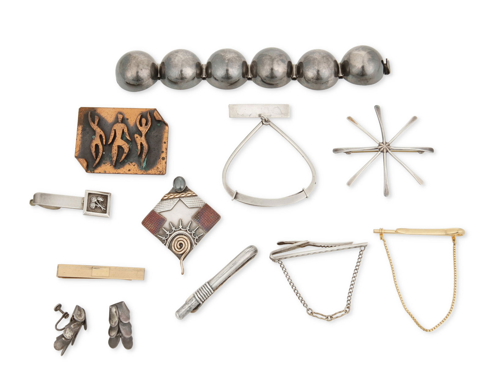 A group of Modernist-style jewelry: A group of Modernist-style jewelryMid/late 20th centuryTen works:Ed Wiener (1918-1991)A sterling silver tie clipMid/late 20th centuryStamped: Ed Wiener / SterlingA rounded bar clip with twisted w