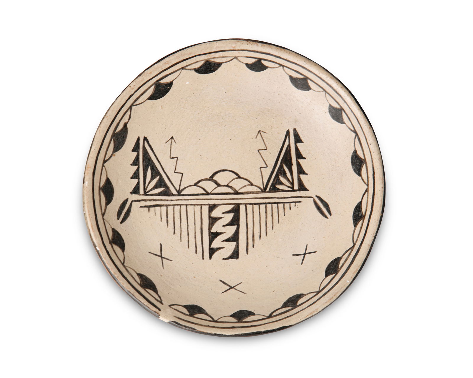 Sara Arquero (b. 20th century, Cochiti Pueblo), A Cochiti plate in black and white, mid-20th century: Sara Arquero (b. 20th century, Cochiti Pueblo)A Cochiti plate in black and white, mid-20th centuryInscribed to base: Mrs. Sara Arquero / August 10, 1967 / St. Lawrence Day / Gift by Juana (Grandma)The