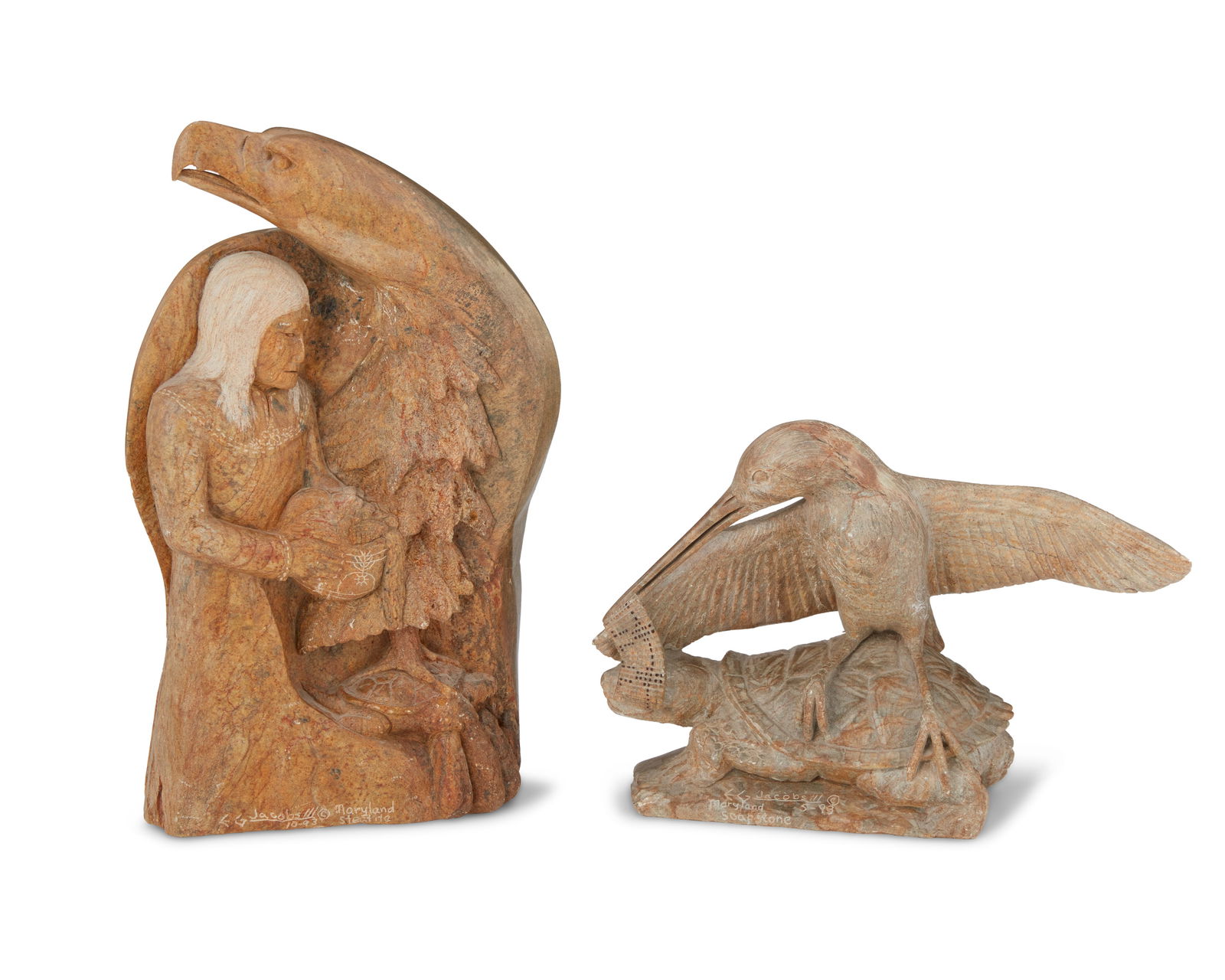Elwood G. Jacobs III (b. 1955, Tuscarora Iroquois), Two carved soapstone sculptures, 1993 (1 of 7)