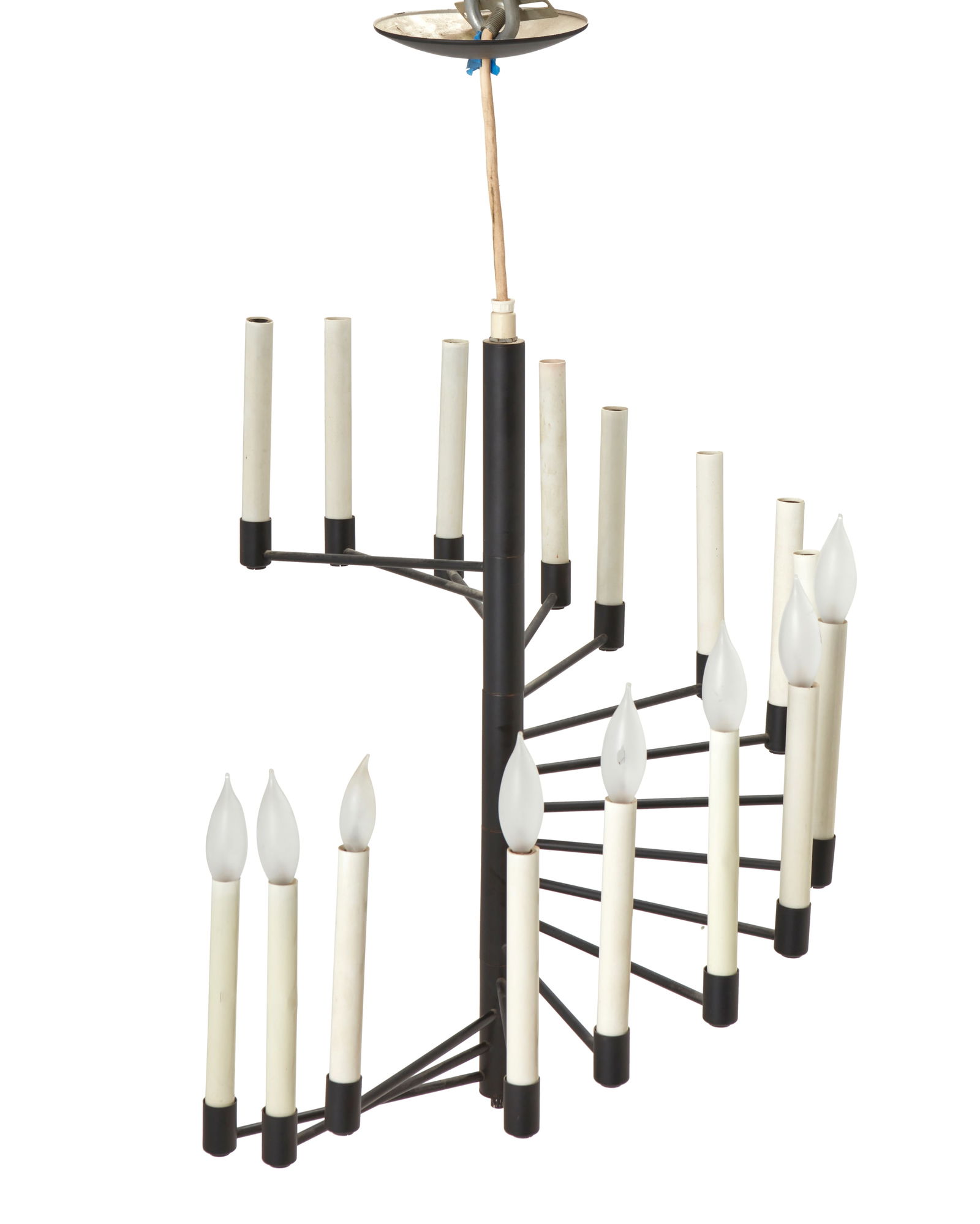 A Poul Kjaerholm-style Lightolier spiral chandelier: A Poul Kjaerholm-style Lightolier spiral chandelierCirca 1970sWith a paper label marked: Lightolier; further marked with paper label: Union MadeDesigned in 1969 by Lightolier, the matte black powder-c