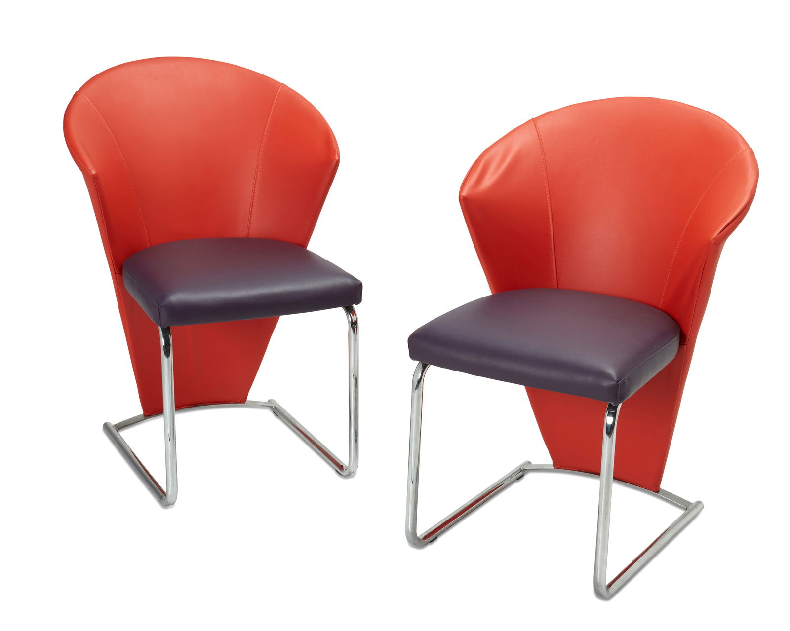 Ronald Schmitt and Associates (founded 1958), A pair of postmodern leather and chrome dining chairs,: Ronald Schmitt and Associates (founded 1958)A pair of postmodern leather and chrome dining chairs, late 20th centuryEach appear unmarkedTwo dining chairs, each upholstered in orange and purple vinyl a