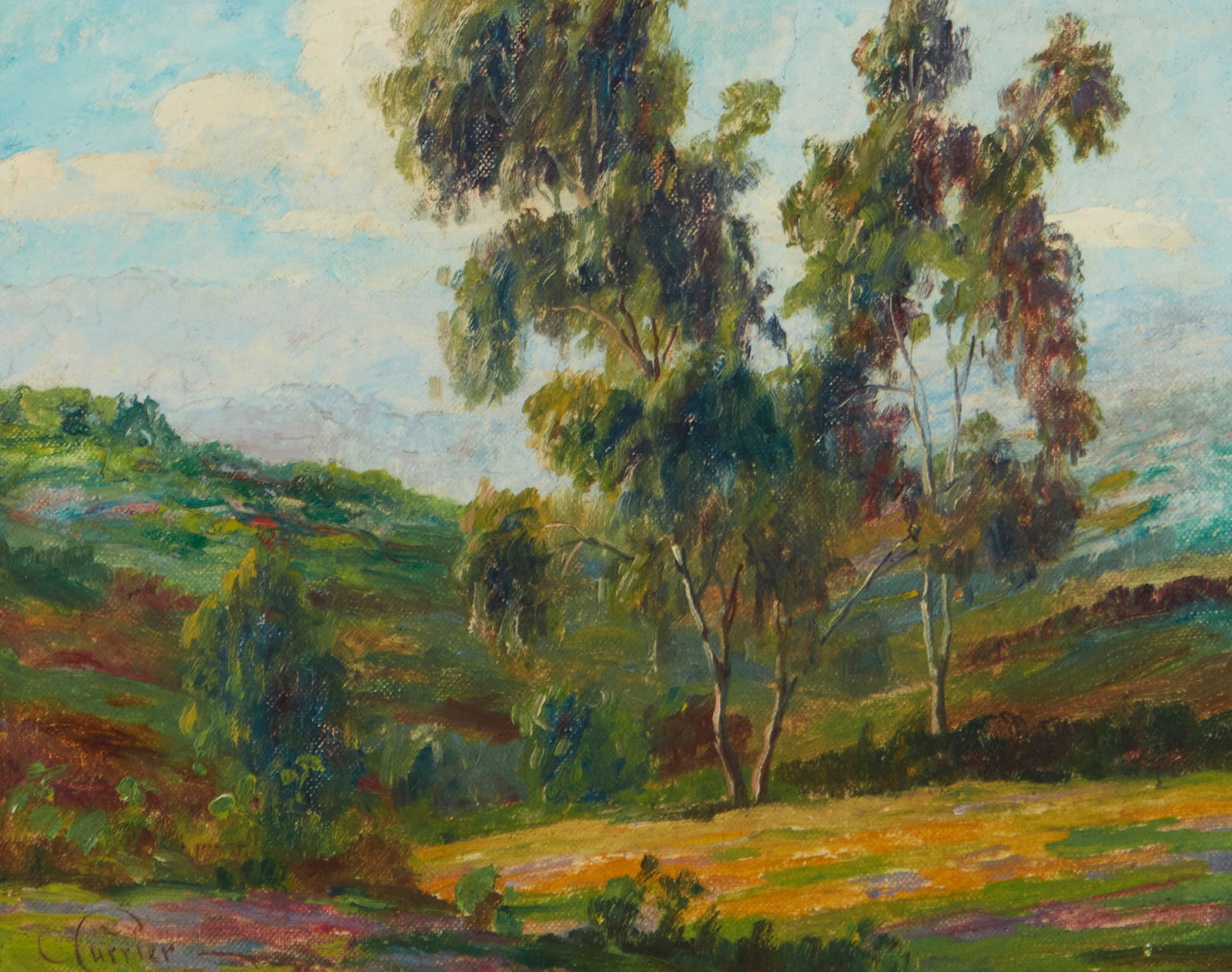 Cyrus Currier (1868-1946), "California Landscape": Cyrus Currier(1868-1946)"California Landscape"Oil on canvas laid to thin artist boardSigned lower left: C Currier; titled in ink in another hand on a gallery label affixed to the frame's sty