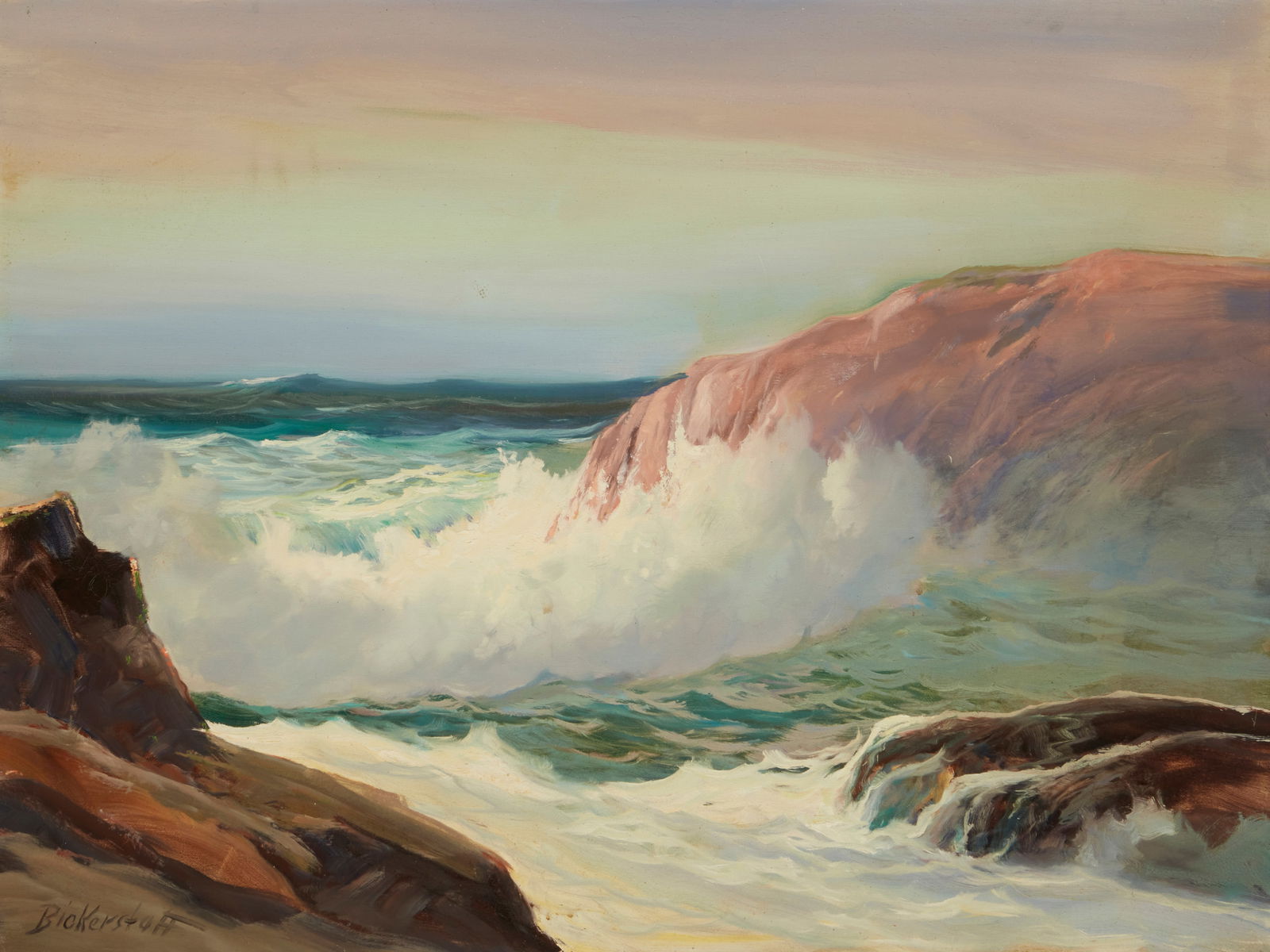 George Bickerstaff (1893-1954), Rocky coastal landsscape: George Bickerstaff(1893-1954)Rocky coastal landsscapeOil on canvasSigned lower left: Bickerstaff30" H x 40" W
