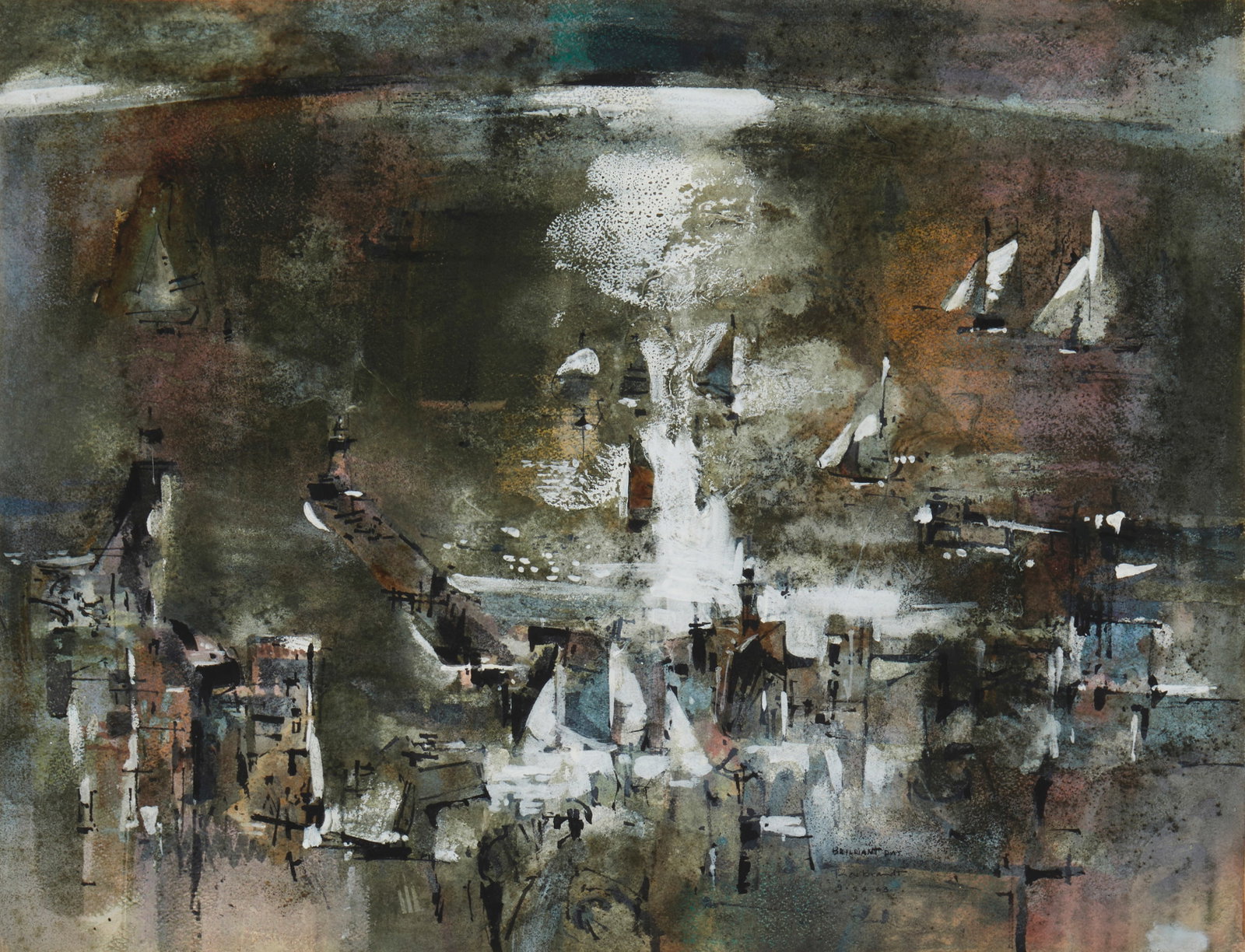 Rex Brandt (1914-2000), "Brilliant Day," 1963: Rex Brandt (1914-2000) "Brilliant Day," 1963 Watercolor and mixed media on paper Signed, titled, and dated lower right: Rex Brandt Image/Sheet: 20" H x 26" W Exhibited: Newport Bea