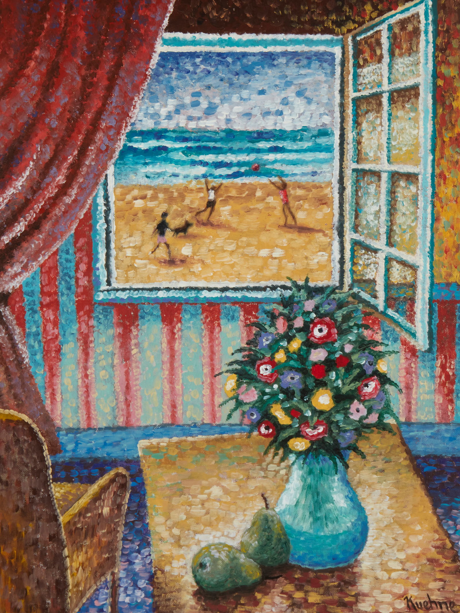 Max Kuehne (1880-1968), Window-view of the beach, Gloucester: Max Kuehne(1880-1968)Window-view of the beachOil on canvasboardSigned lower right: Kuehne18" H x 14" W