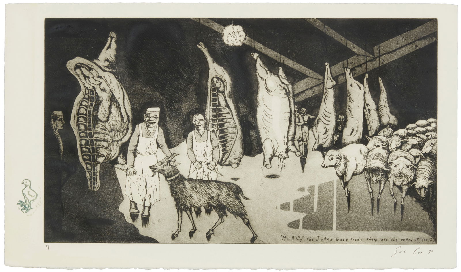 Sue Coe (b. 1951), "Mr. Billy the Judas Goat leads sheep into the valley of death," 1990: Sue Coe(b. 1951)"Mr. Billy the Judas Goat leads sheep into the valley of death," 1990Etching and aquatint on paperSigned and dated in pencil at the lower margin: Sue Coe; with artist blindst