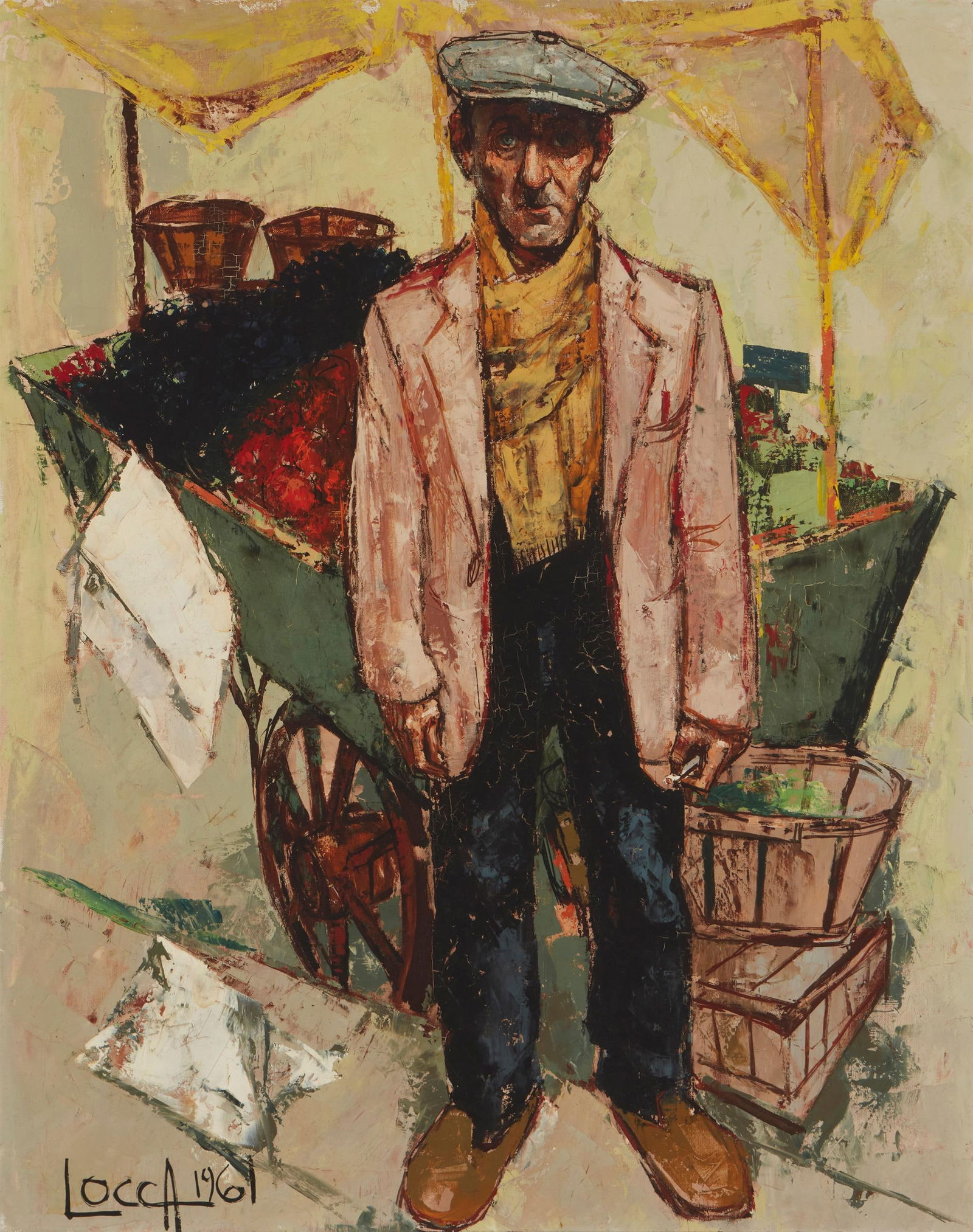 Albert Locca (1895-1966), Street vendor with his cart, 1961: Albert Locca(1895-1966)Street vendor with his cart, 1961Oil on linenSigned and dated lower left: Locca36.25" H x 28.75" W