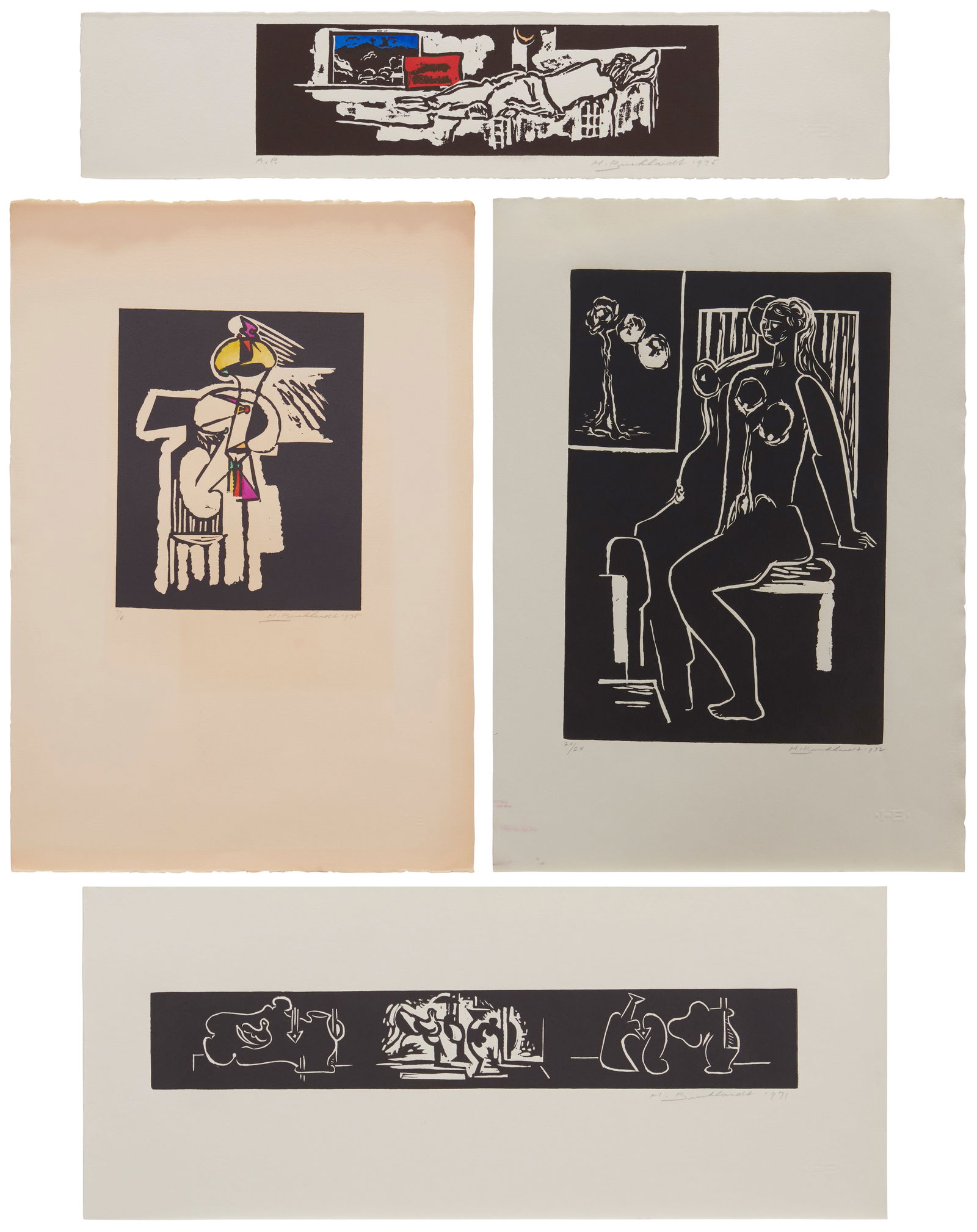 Hans Burkhardt, (1904-1994), A group of 13 abstract images: Hans Burkhardt(1904-1994)A group of 13 abstract imagesWoodcuts in color or black and white on various papersEach signed and dated in pencil in the lower margin; seven woodcuts numbered in pencil in th