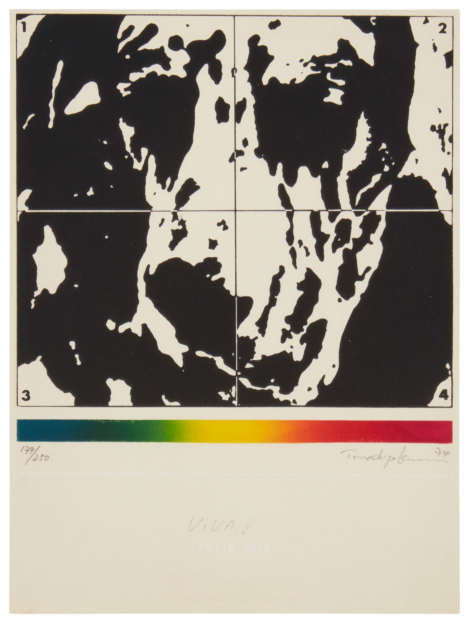 Tomoshige Kusuno (b. 1935, Japanese-Brazilian), "Viva!" 1974: Tomoshige Kusuno(b. 1935, Japanese-Brazilian)"Viva!" 1974Screenprint in colors on paperEdition: 179/250Signed, titled, and dated in pencil in the lower margin: Tomoshige KusunoSheet: 8"
