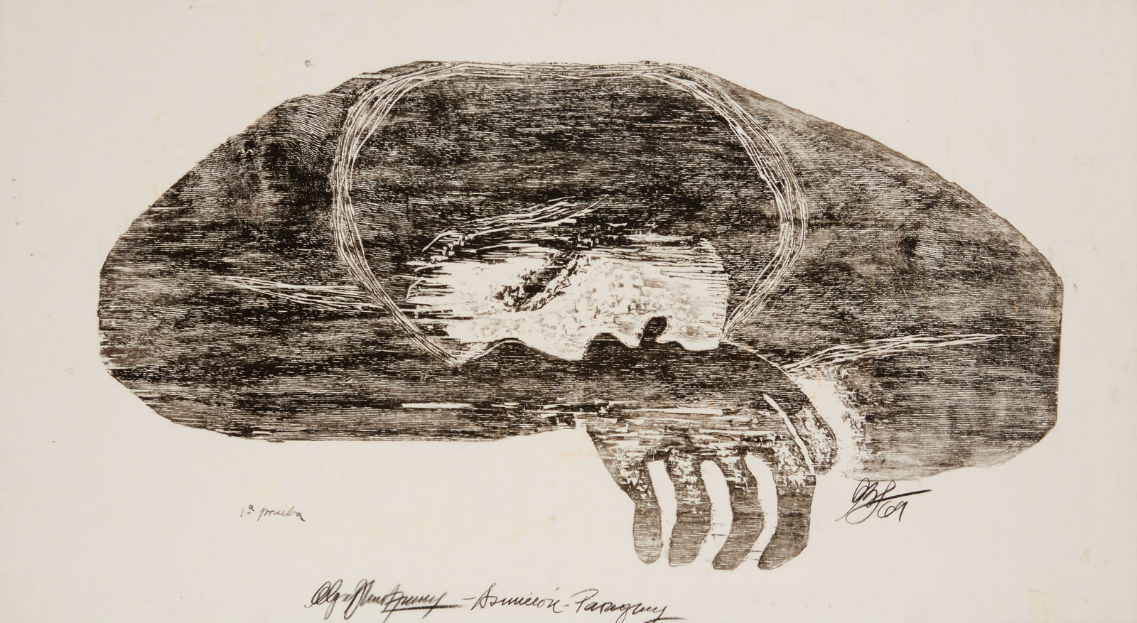 Olga Blinder (1933-2008, Paraguayan), Woman in pain, 1969: Olga Blinder(1933-2008, Paraguayan)Woman in pain, 1969Woodcut on paperEdition: Proof 1ASigned, dated again, and inscribed in pencil in the lower margin: BlinderImage: 15.5" H x 29" W; Sight: