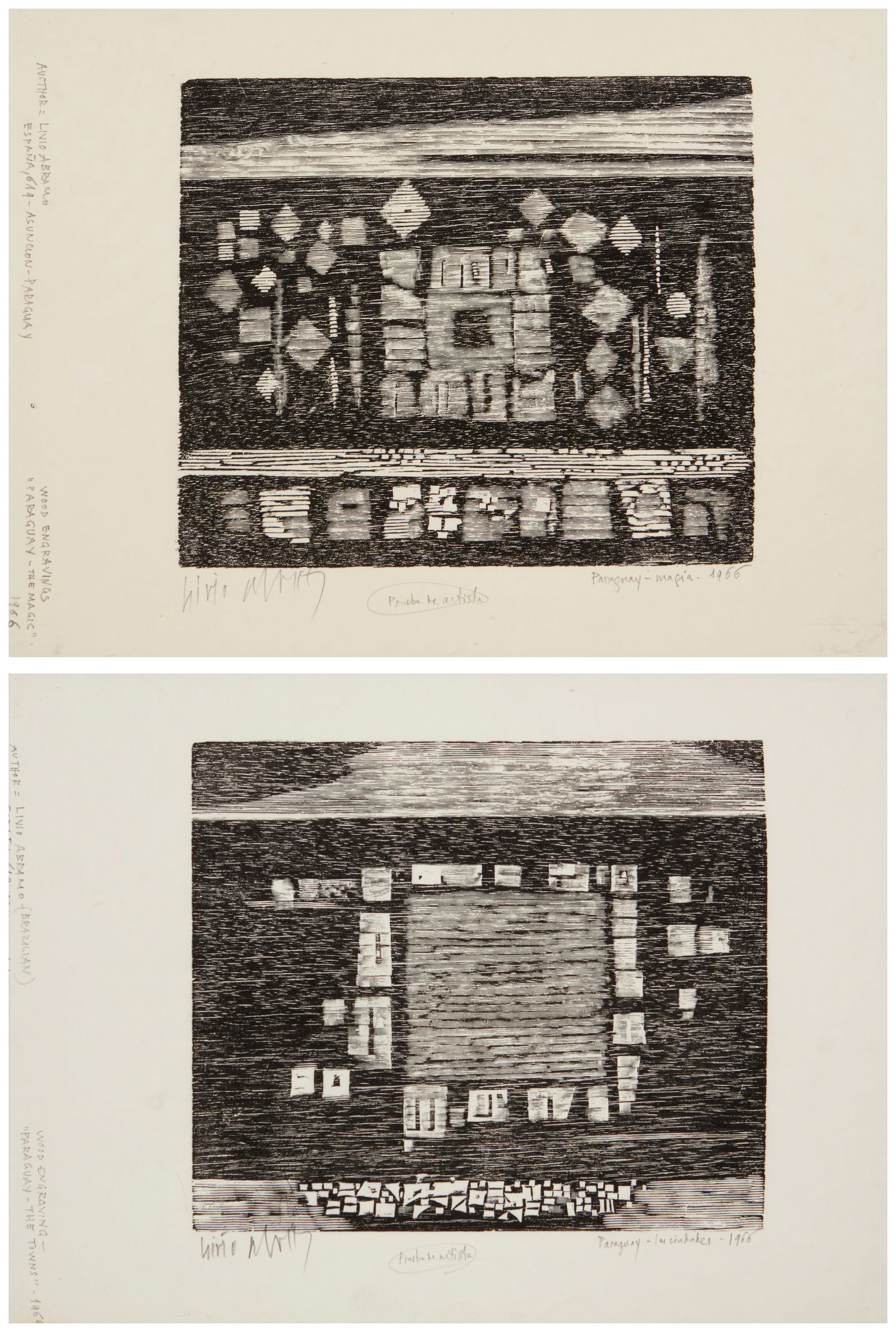Livio Abramo (1903-1992, Paraguayan-Brazilian), Two works: "Paraguay - La Ciudades," 1966, and (1 of 20)
