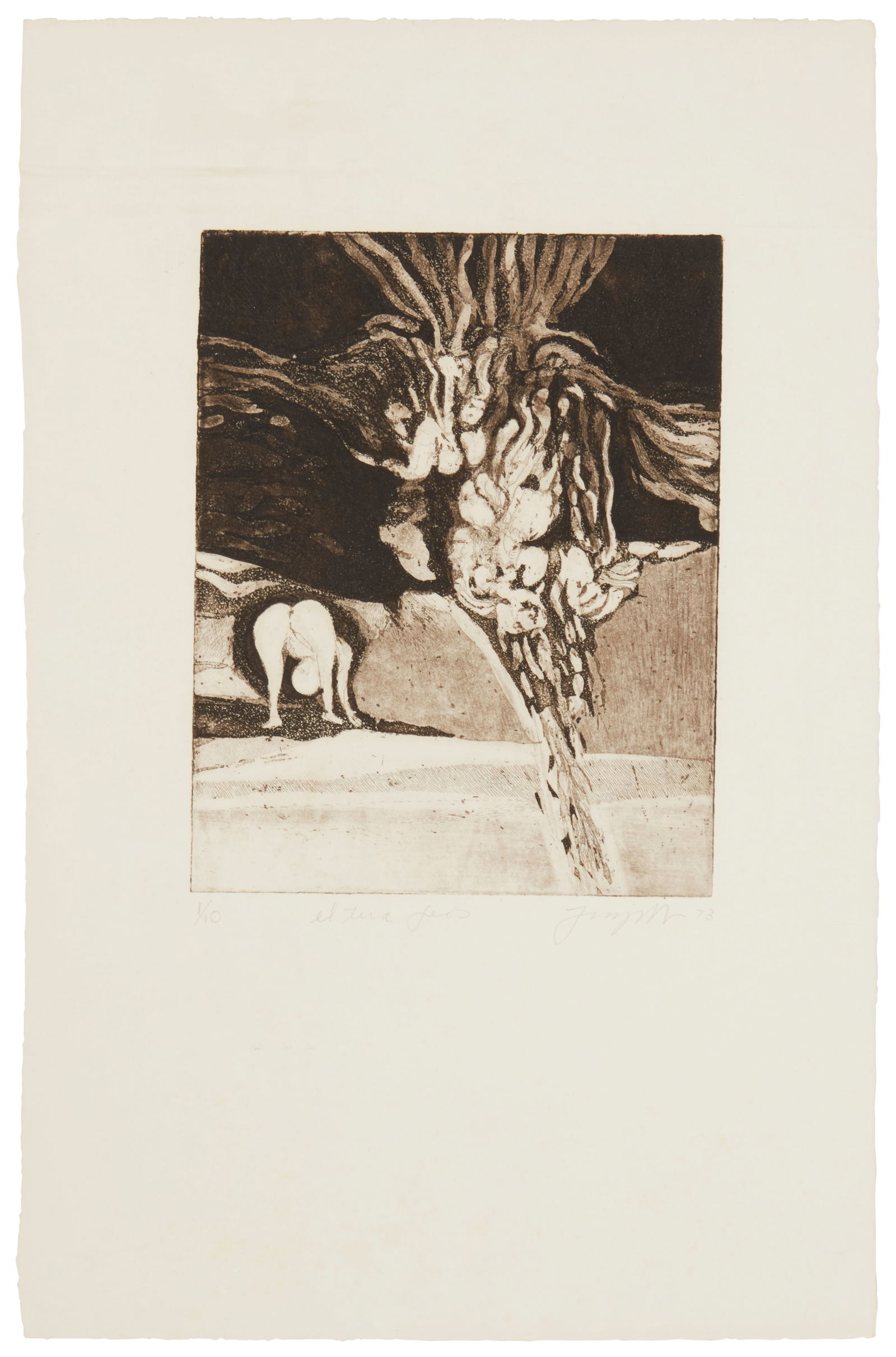 Guillermo Trujillo (b. 1927, Panamanian), "El Tira Feos," 1973: Guillermo Trujillo(b. 1927, Panamanian)"El Tira Feos," 1973Etching in brown ink on paperEdition: 1/10Signed, titled, dated, and numbered in pencil in the lower margin: Guilermo Trujilo; titl