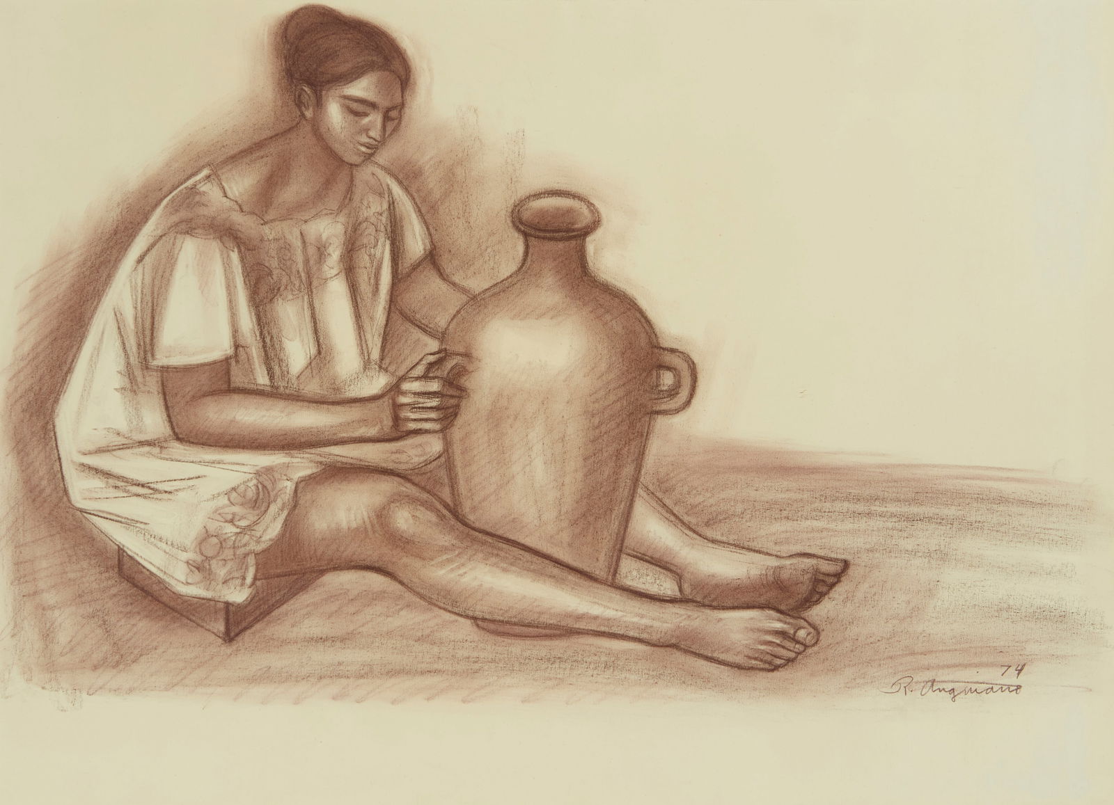 Raul Anguiano (1915-2006, Mexican), "Mujer con vasija," 1974 (1 of 5)