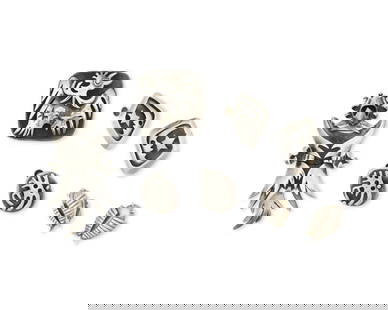 A group of Salvador Teran Mexican silver jewelry: A group of Salvador Teran Mexican silver jewelrySalvador Teran (c. 1920-1974)Circa 1955-1970; Mexico City, MexicoEach stamped: Salvador / Sterling / Mexico / [Design number] / [Eagle 36]Five works in