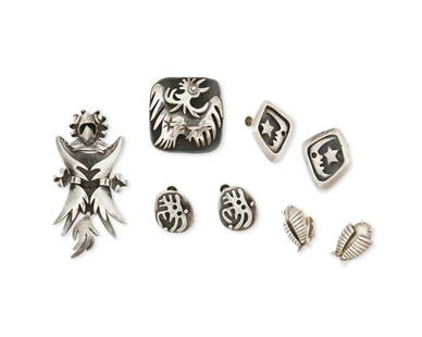 A group of Salvador Teran Mexican silver jewelry: A group of Salvador Teran Mexican silver jewelrySalvador Teran (c. 1920-1974)Circa 1955-1970; Mexico City, MexicoEach stamped: Salvador / Sterling / Mexico / [Design number] / [Eagle 36]Five works in