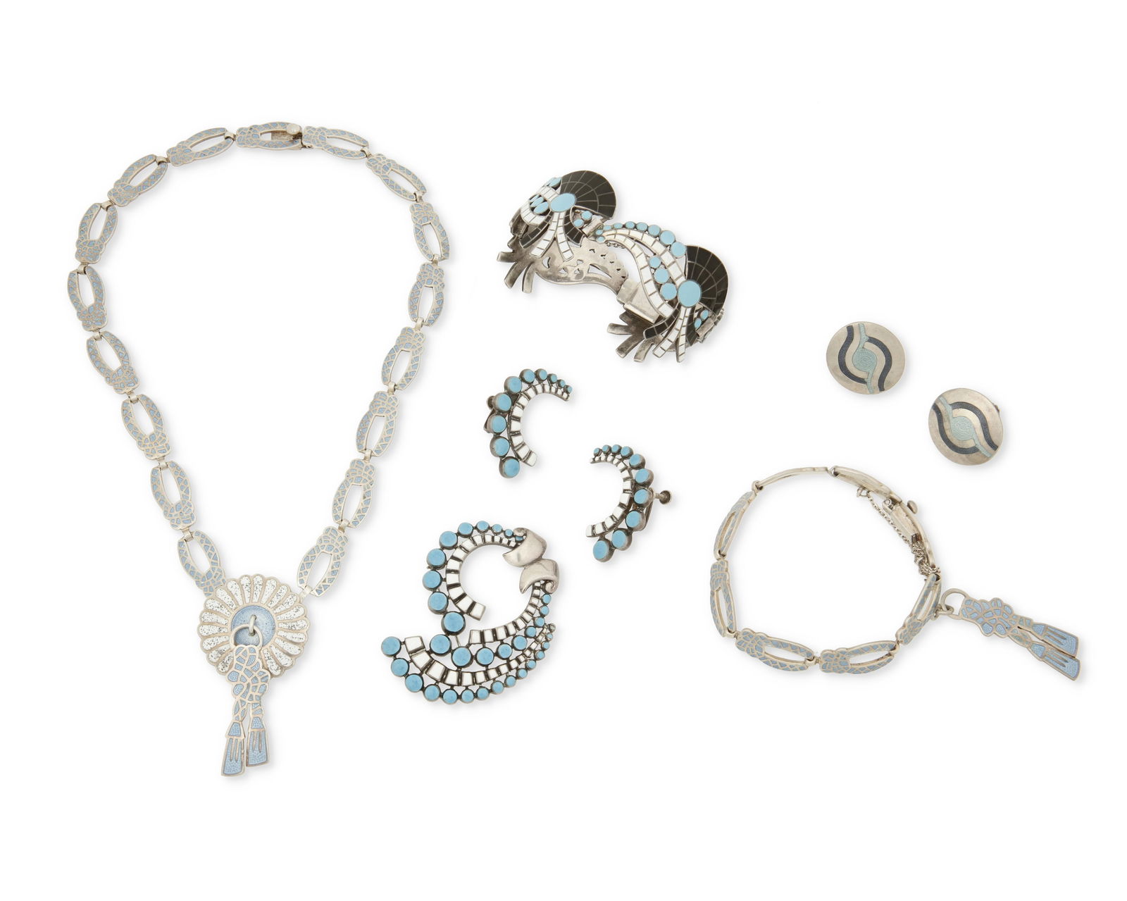 A group of Margot de Taxco Mexican silver and enamel jewelry: A group of Margot de Taxco Mexican silver and enamel jewelryMargot Van Voorhies (1896-1985)Circa 1955-1978; Taxco, MexicoEach stamped: Margot de Taxco / Sterling / Made in Mexico / [Eagle 16] / [Desig