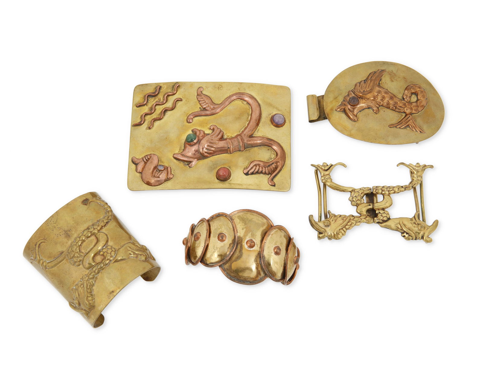 A group of Mexican brass jewelry: A group of Mexican brass jewelryFive works:Hubert Harmon (1913-2004)Circa 1942-1948Three variously stamped: Hubert Harmon / Made in Mexico / [winged feet]; one unmarkedFour works in brass and copper c